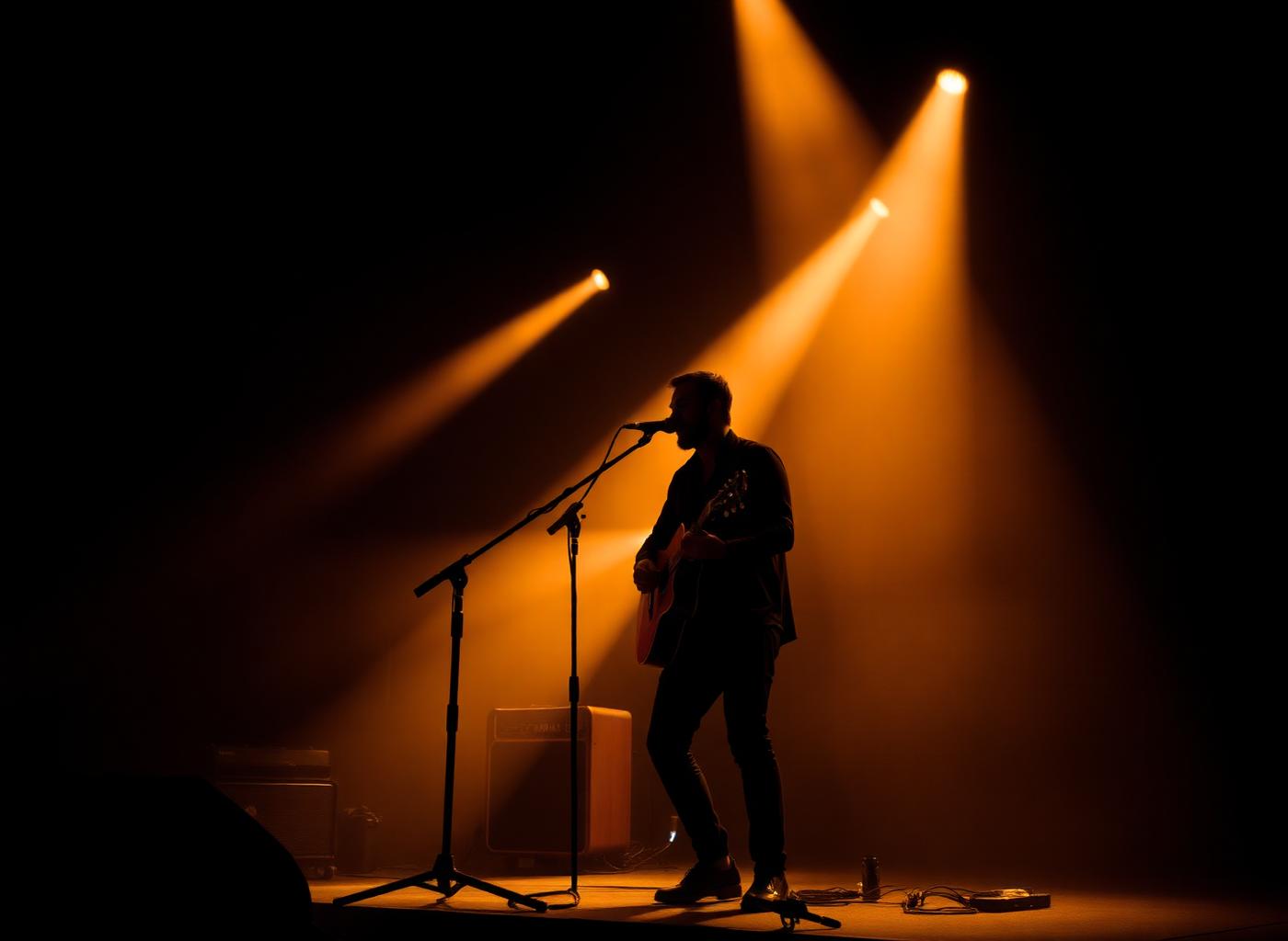 Independent musician performing under golden stage lights