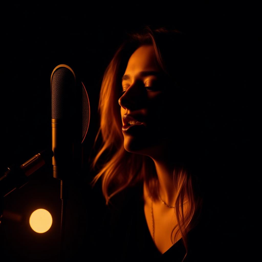 Vocalist recording in a dark studio under warm gold light